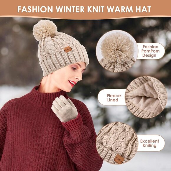 Women\'s Oat Winter Knit Warm Hat Beanie Gloves Set Pom Fleece Lined Hat main image 6